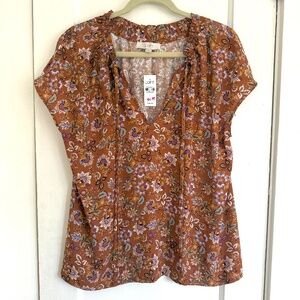 Loft women's mixed media brown floral short-sleeved top, size L